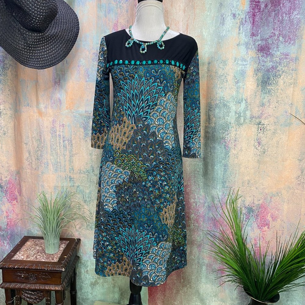 π Gemstones & Peacock Design 70s Style Dress - Picture 10 of 14